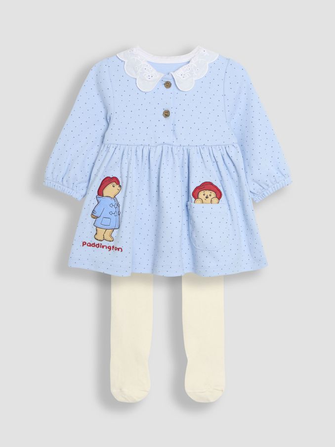 Blue Paddington Appliqué Button Front Dress & Tights Set (E74969) | £32