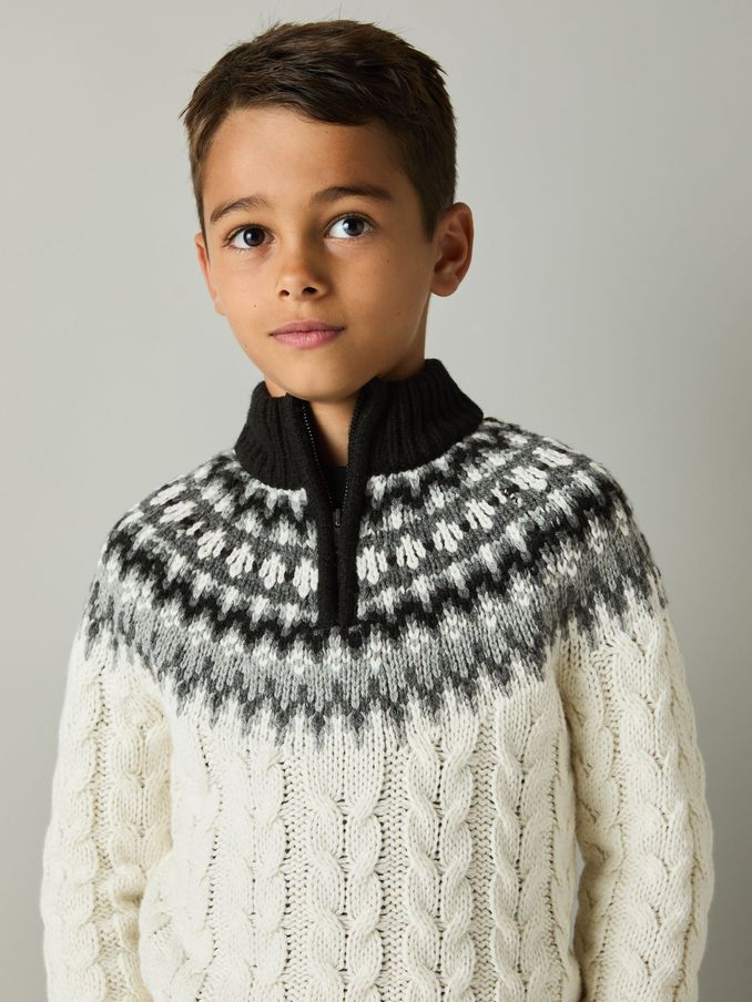 9-13 yrs Cabled Jumper with Cotton and Wool in White/Grey/Black (E74994) | £25