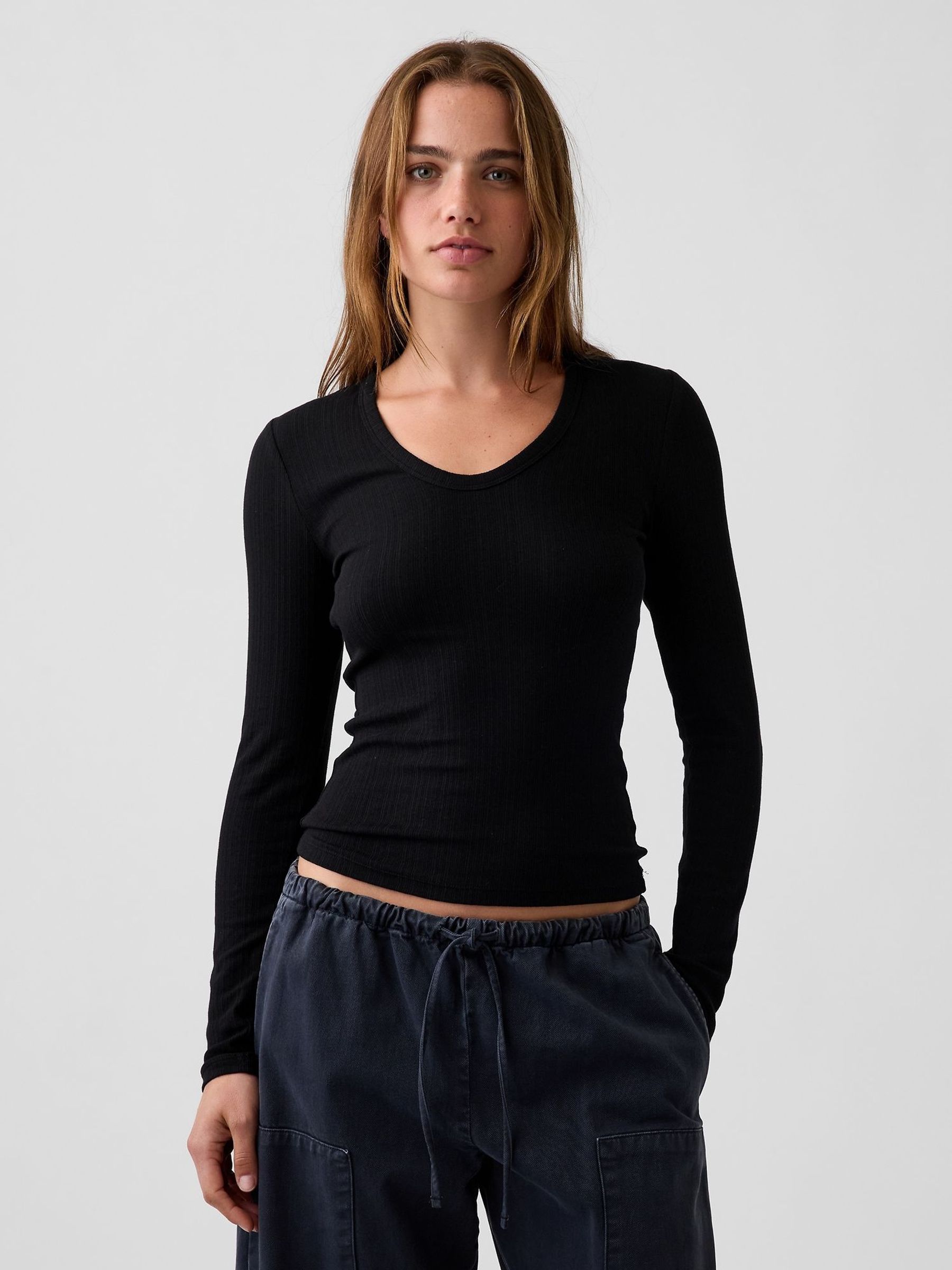 Black - Sheer Modern Rib Long Sleeve T-shirt
