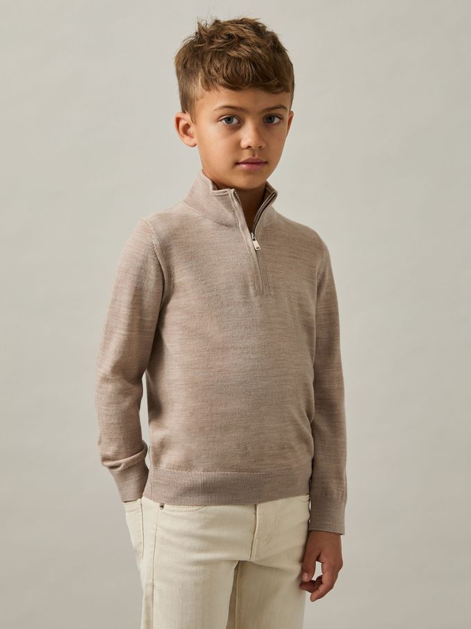 3-9 yrs Merino Wool Half-Zip Funnel Neck Jumper in Wheat Melange (E76629) | £34