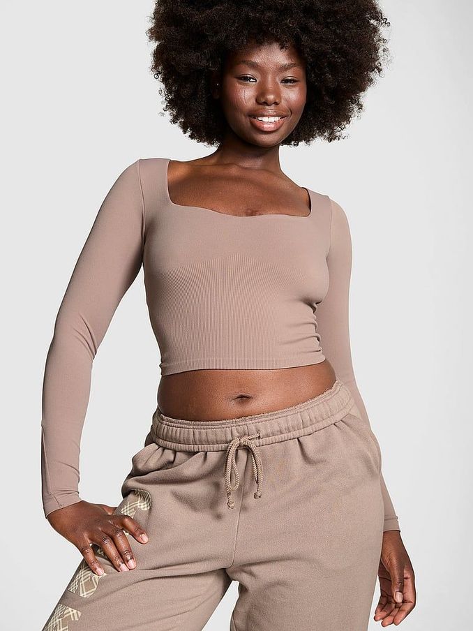 Iced Coffee Brown Cropped Fitted Long Sleeve Top (E77101) | £35
