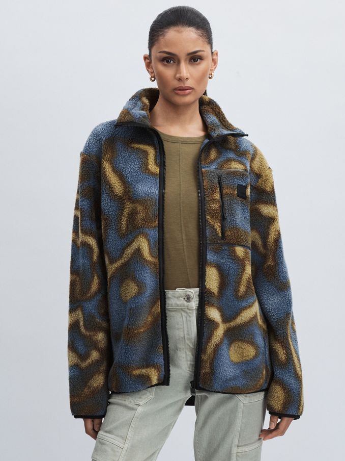 Rains Fleece Abstract Print Zip-Through Jacket in Black Multi (E77272) | £88