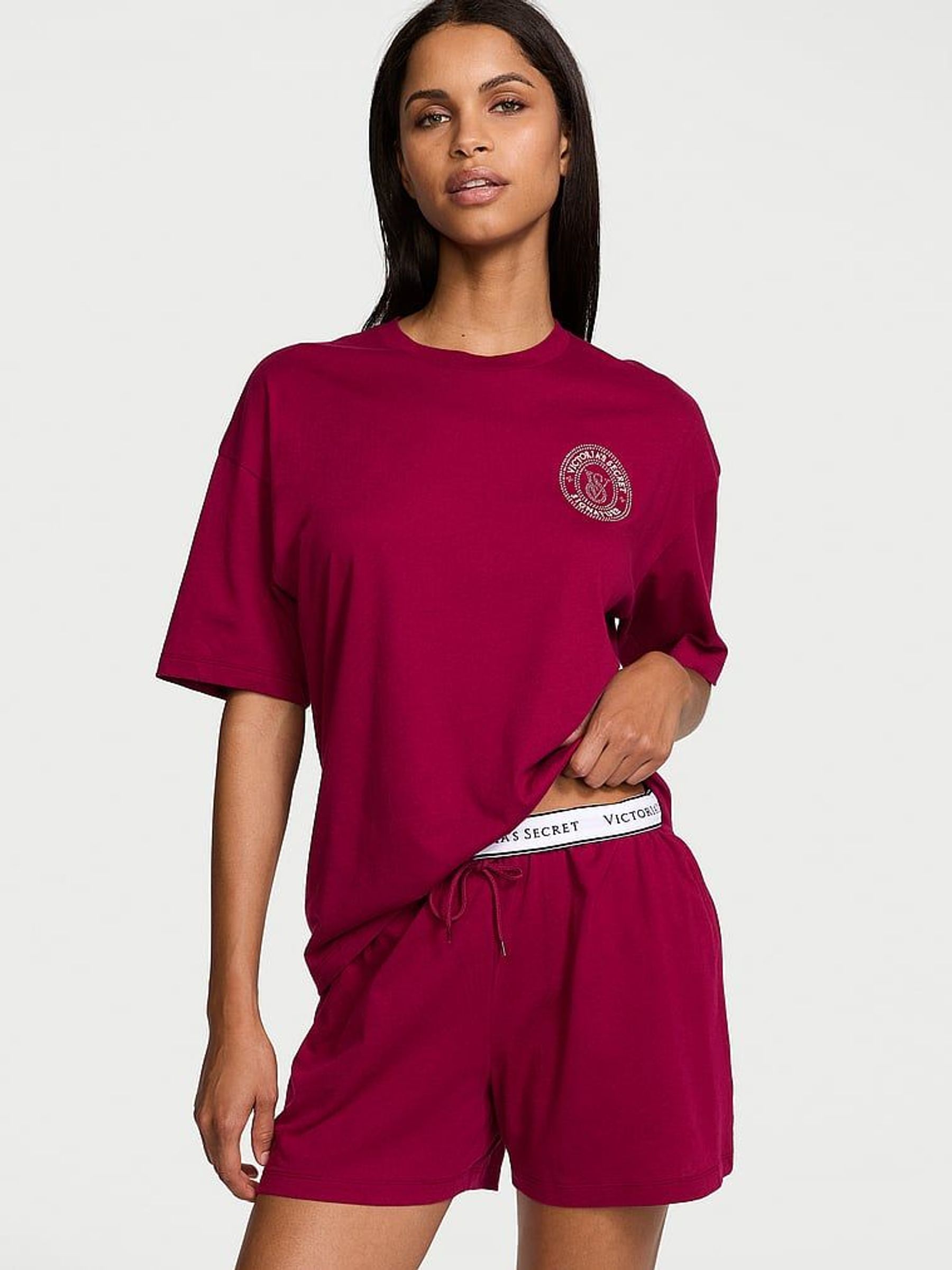 Campari Red W/ Rhinestone Graphic Cotton Short Pyjama Set (E79412) | £45
