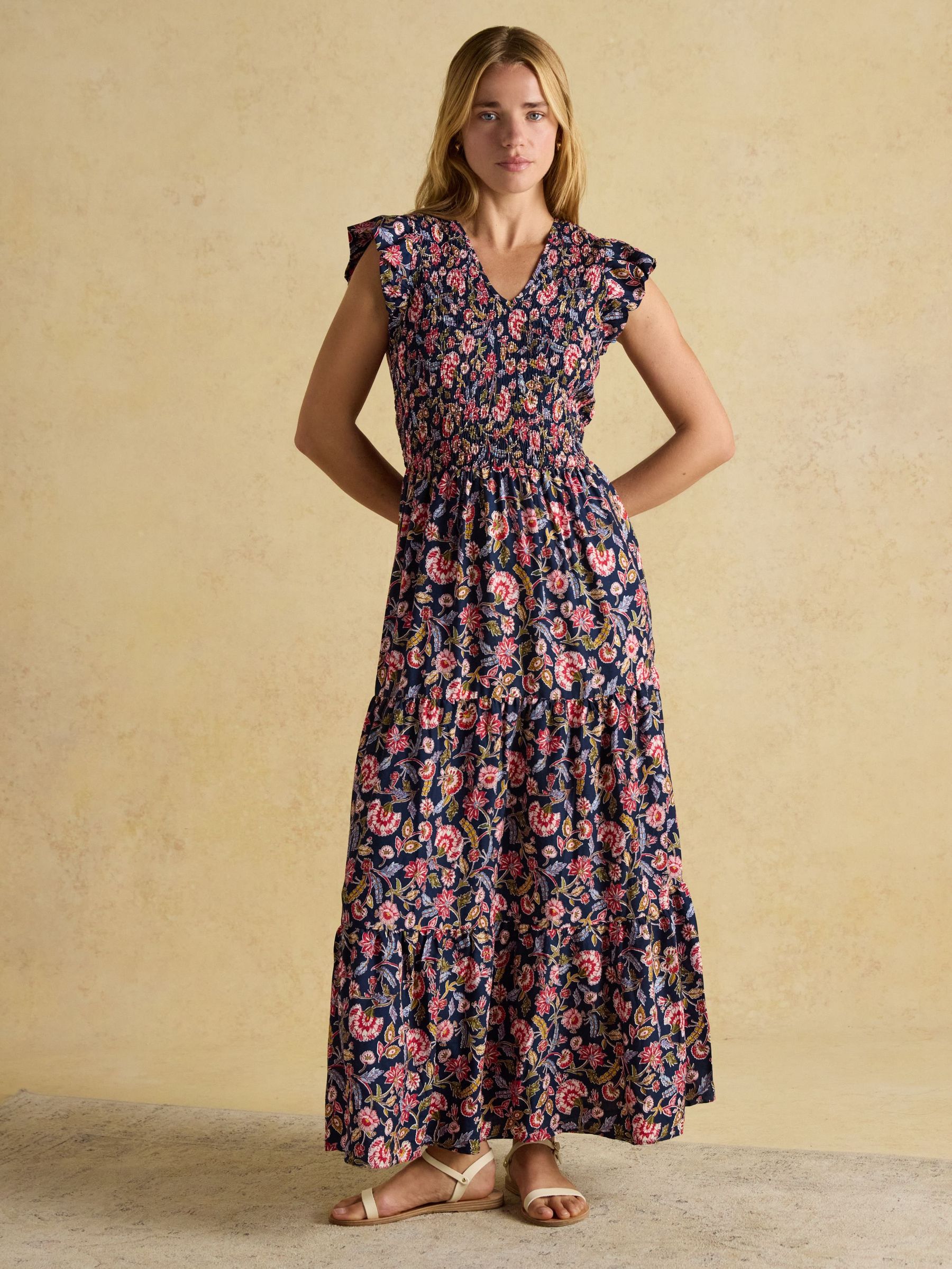 Esme Navy Shirred Midi Dress (E80078) | £49