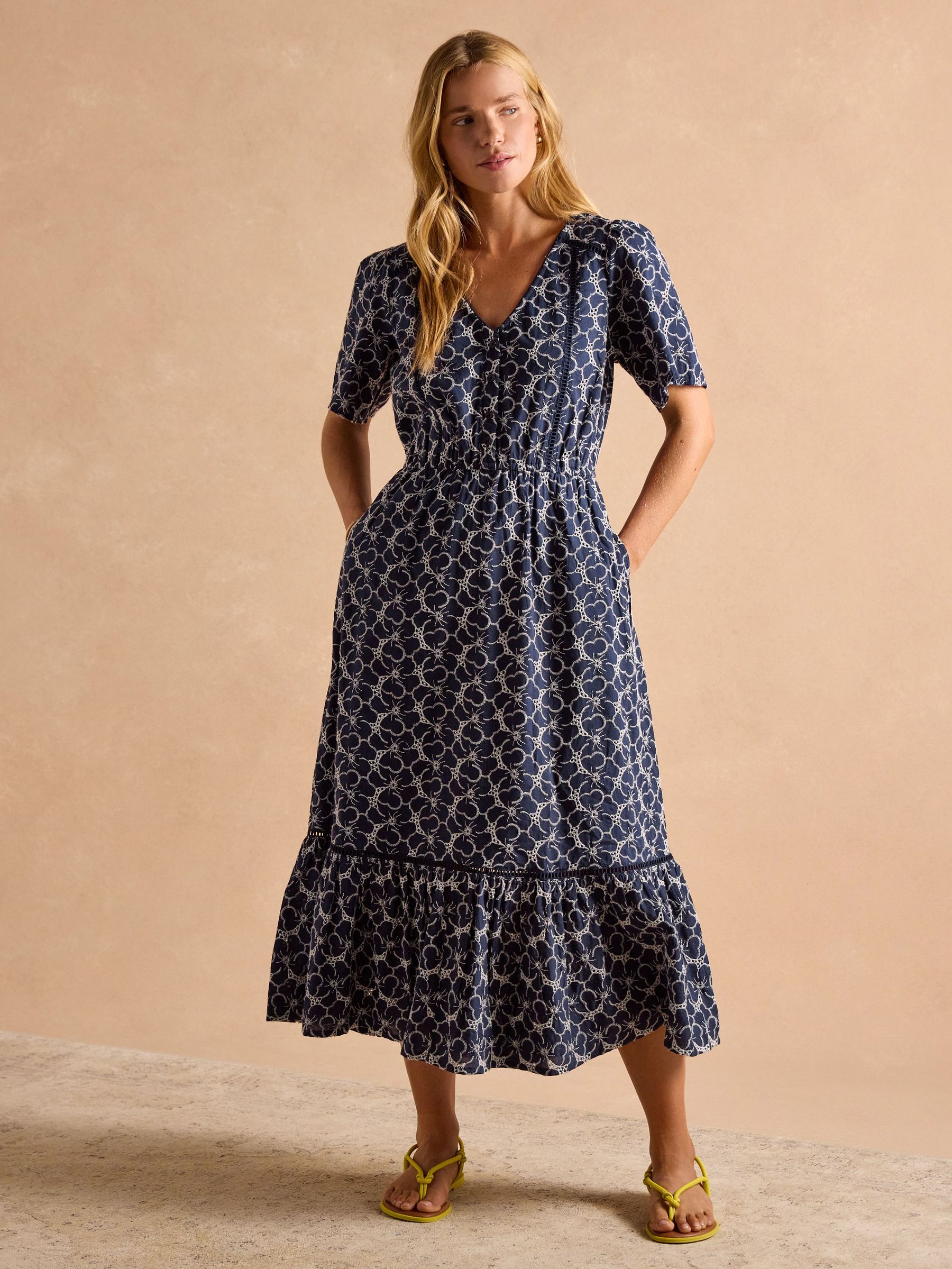 Harriet Navy Broderie Midi Dress (E80086) | £89