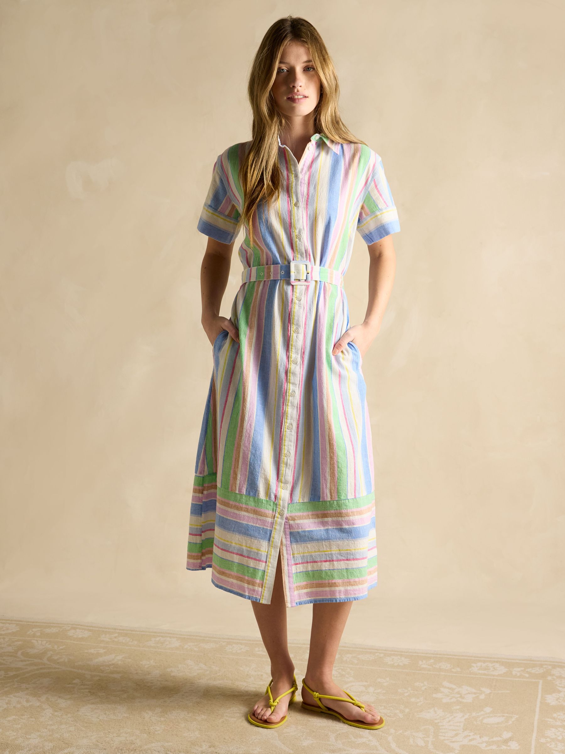 Carrie Multi Stripe Linen & Cotton Belted Shirt Dress