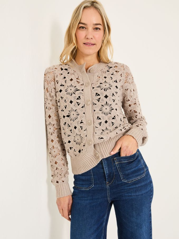 Dark Natural Cara Crochet Knitted Cardigan (E81286) | £40