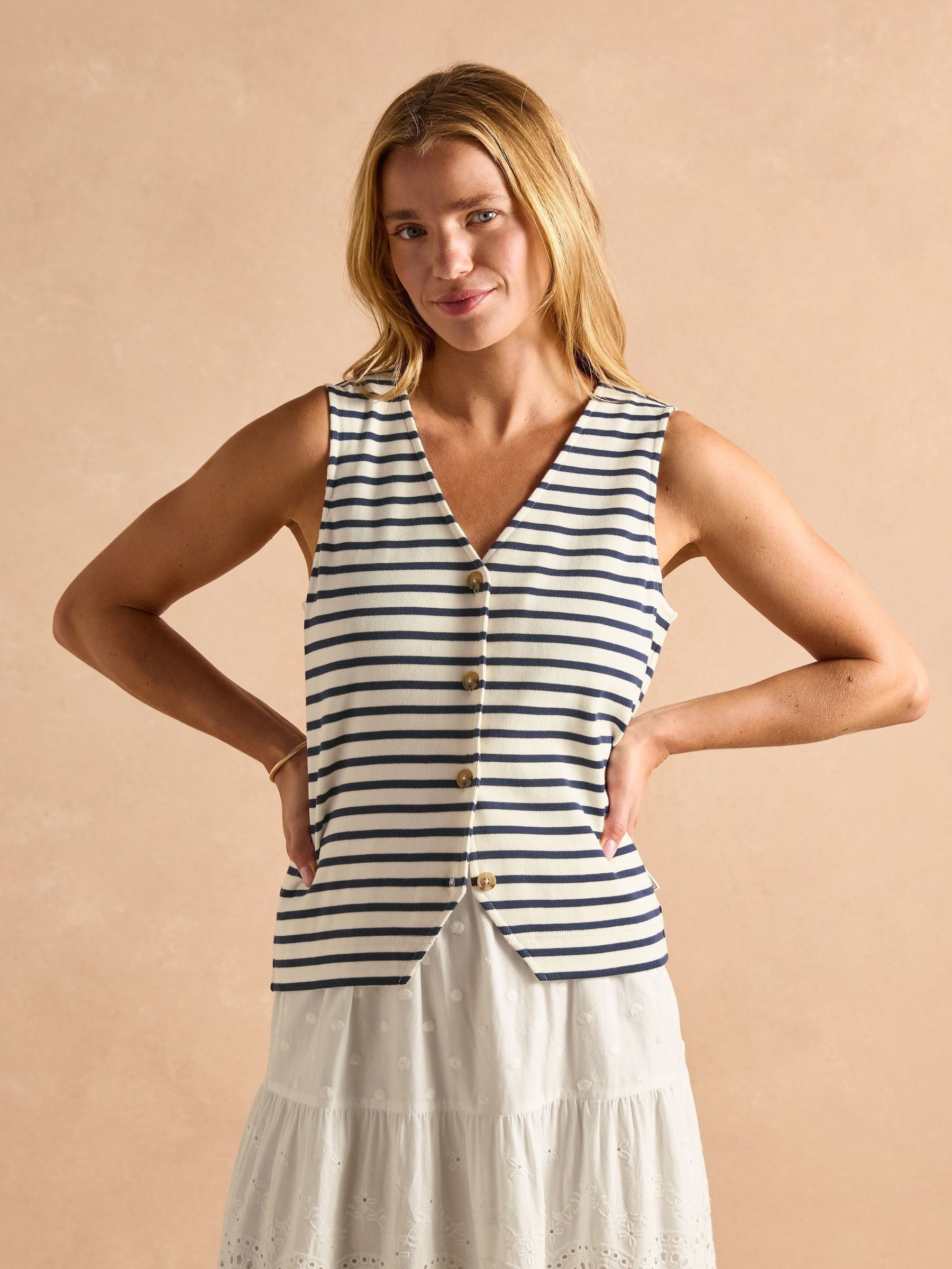 Harbour Cream & Navy Button Down Cotton Tank (E81888) | £35