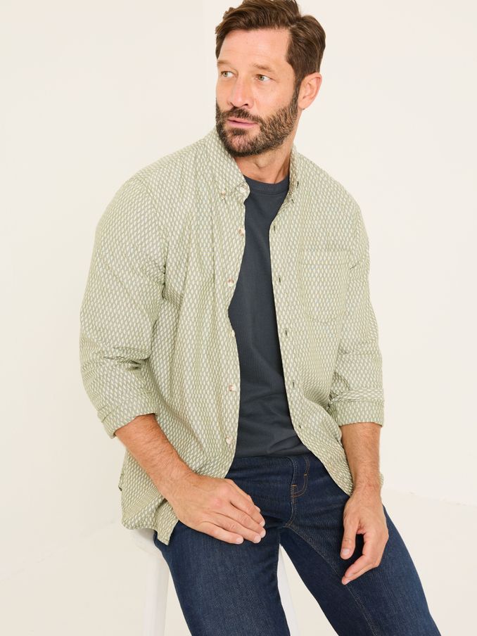 Khaki Green Geo Print Long Sleeve Shirt (E81957) | £30