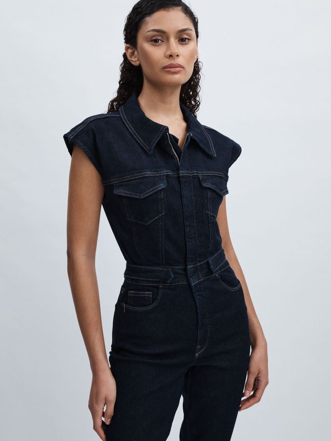 Denim Trucker Jumpsuit in Dark Blue (E82374) | £113