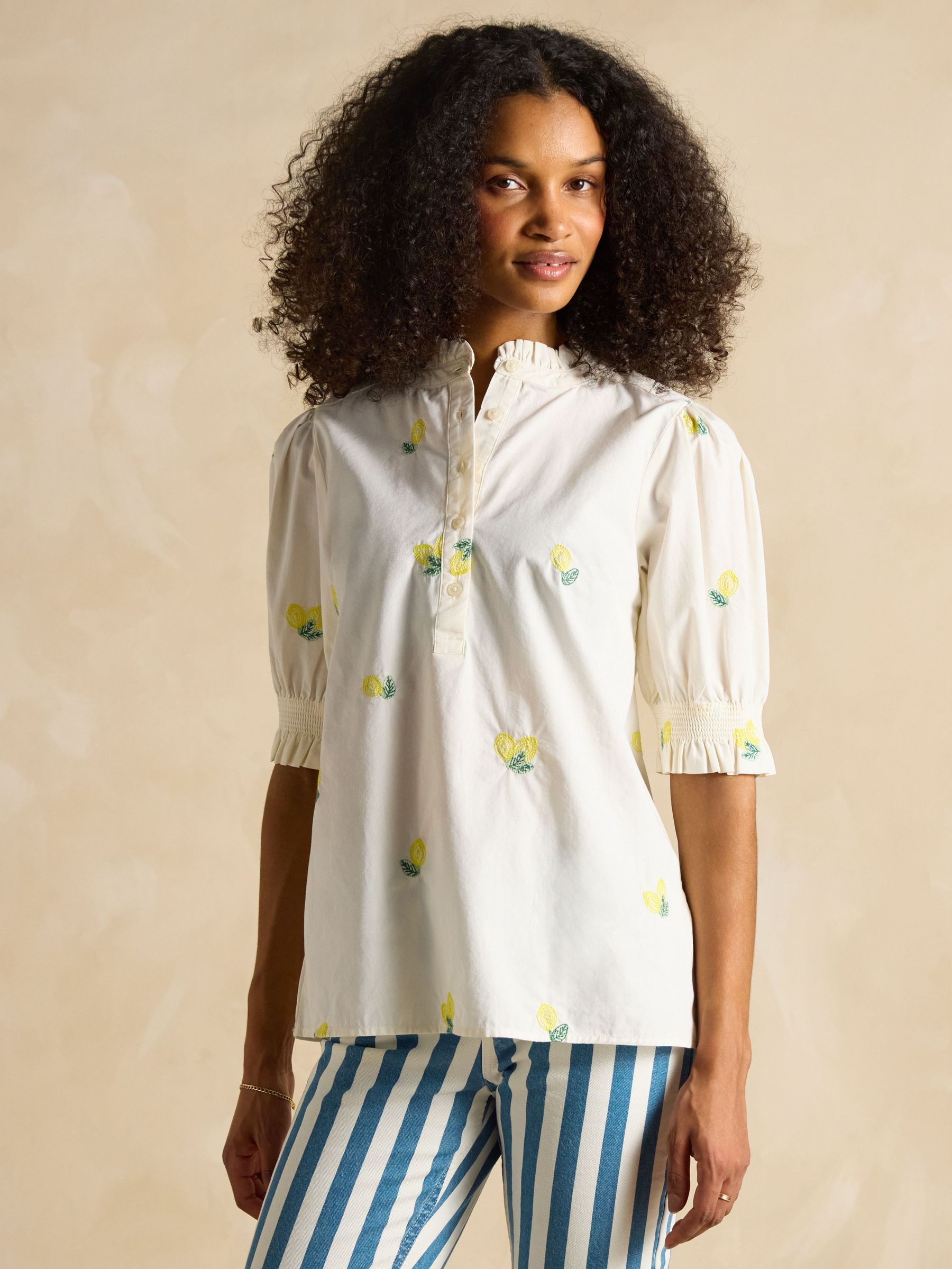 Elle Cream Lemon Embroidered Frill Neck Cotton Blouse (E82432) | £45
