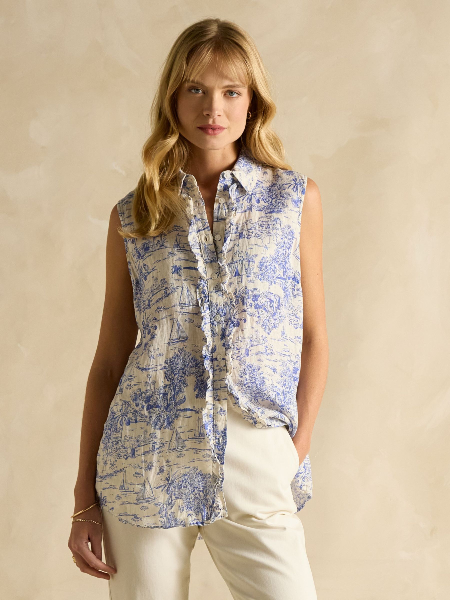 Selene Blue/White Toile de Jouy 100% Linen Sleeveless Shirt (E82433) | £59