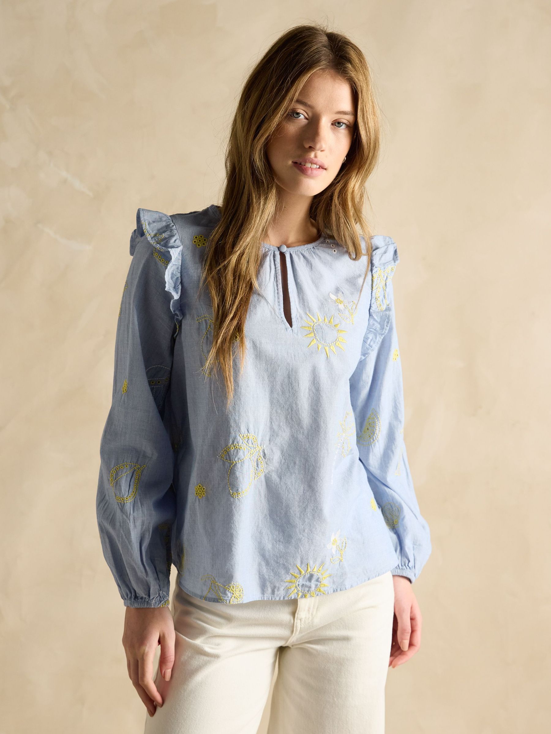 Soraya Blue & Yellow Embroidered Chambray Blouse (E82435) | £65