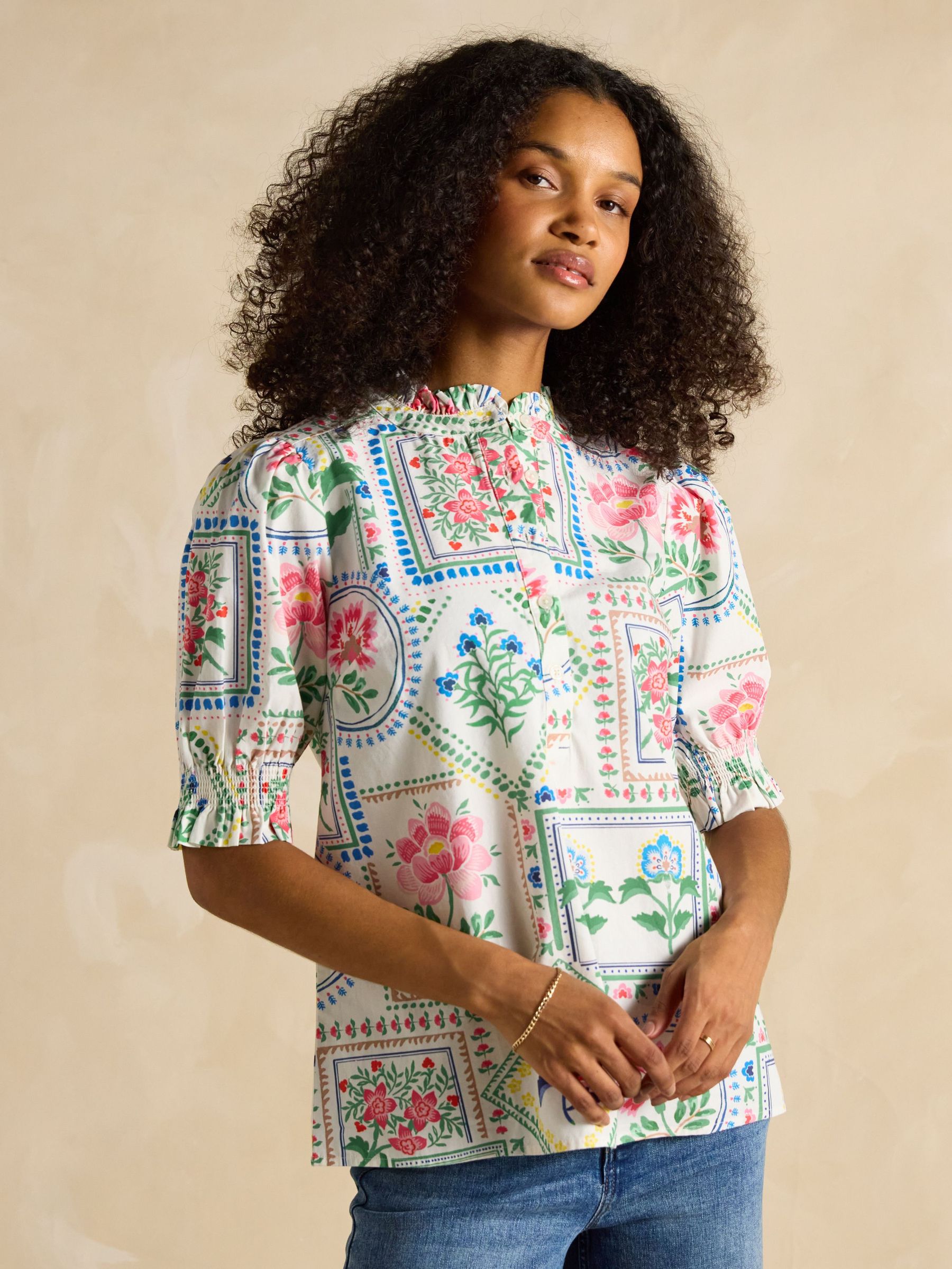 Elle Cream Tile Print Frill Neck Cotton Blouse (E82436) | £45