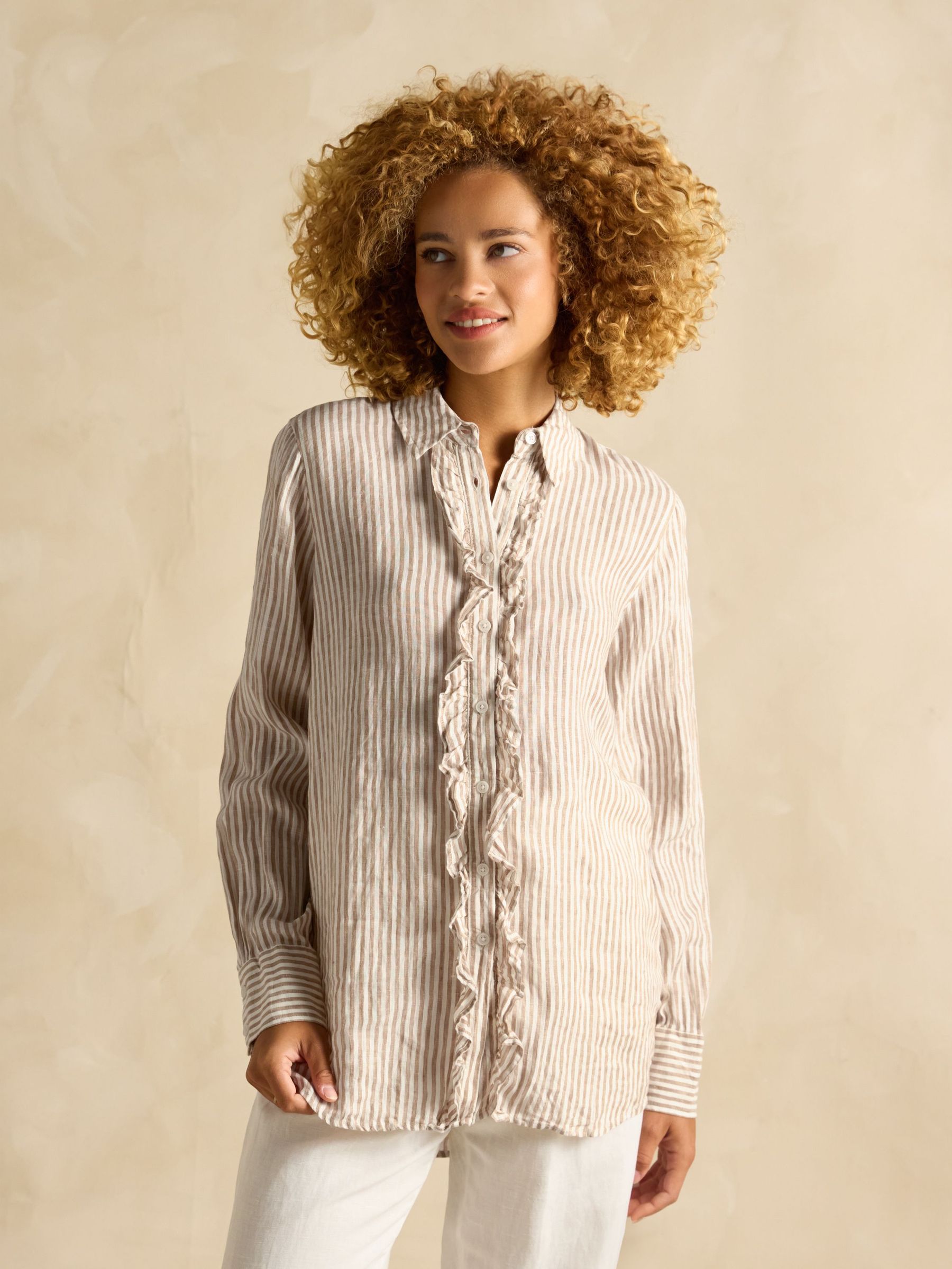 Selene Light Brown Stripe 100% Linen Shirt (E82443) | £69