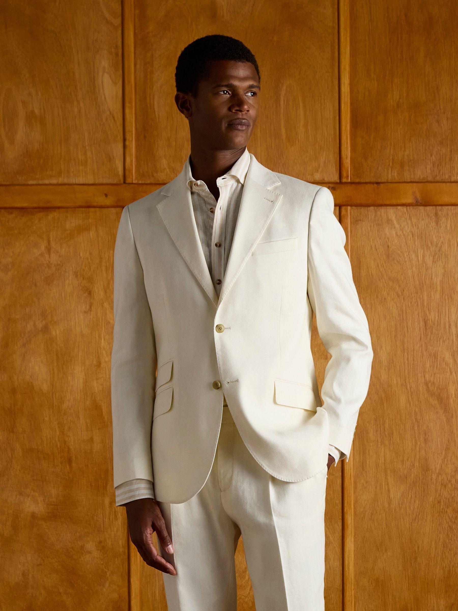 Ecru White Linen Herringbone Slim Fit Suit Jacket (E83150) | £174