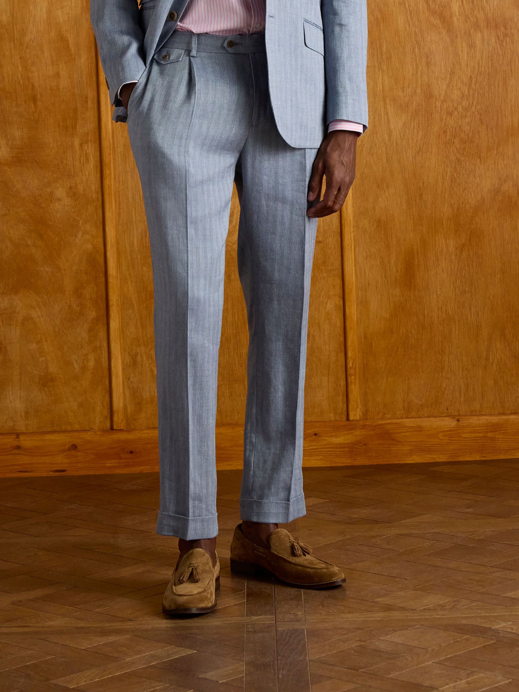 Blue Slim Fit Linen Herringbone Suit Trousers (E83155) | £105