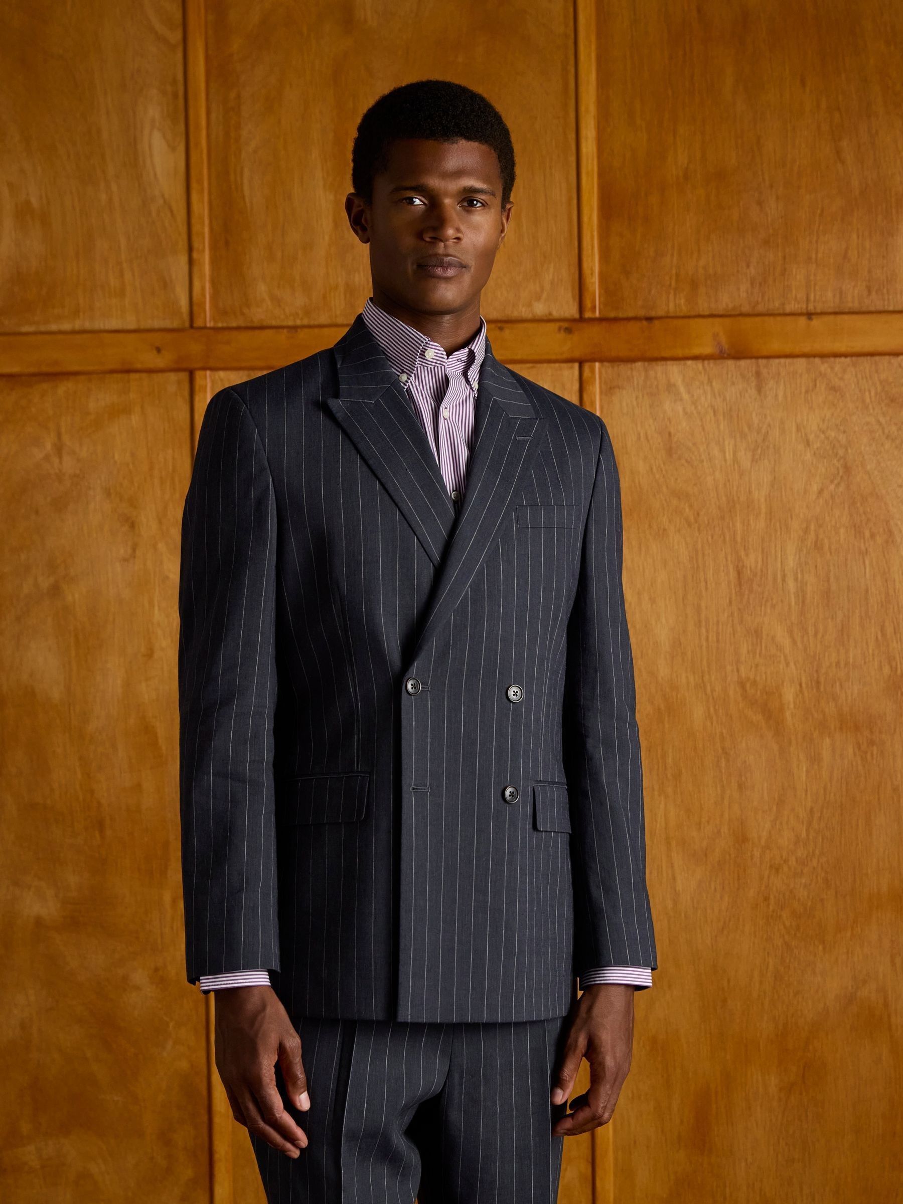 Black Double Breasted Slim Fit Linen Stripe Suit (E83164) | £174