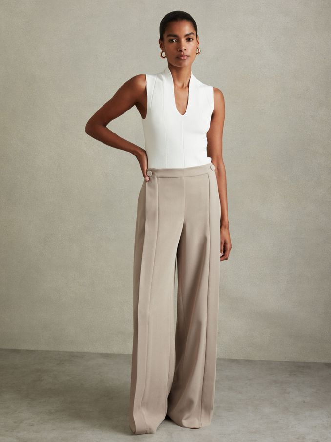 Button-Front Wide Leg Trousers in Stone (E84149) | £78