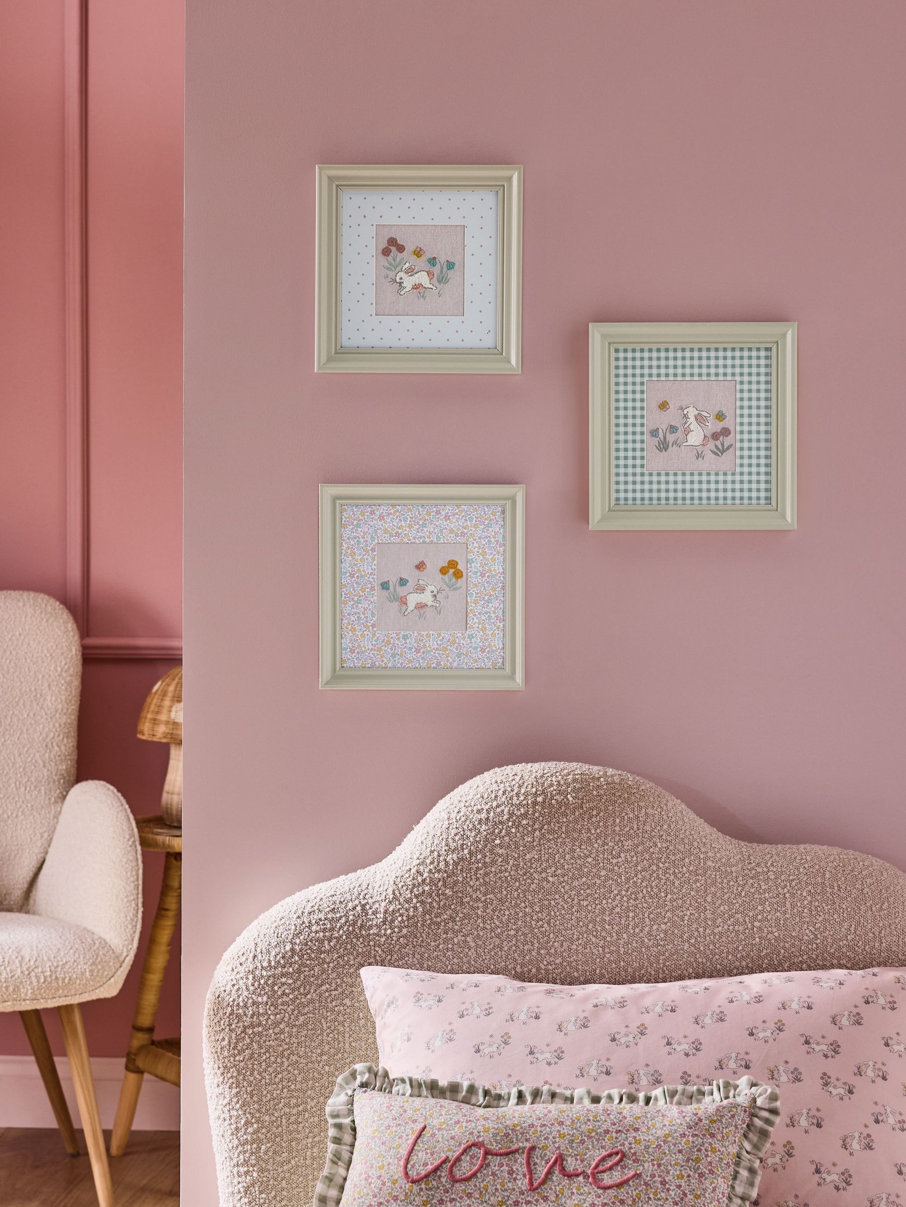Set of 3 Pink/Cream Embroidered Betsy Bunny Meadow Wall Art (E84448) | £34