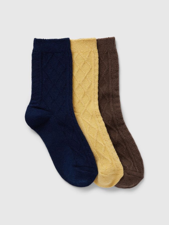 Yellow & Brown Kids 3 Pack Cable Knit Crew Socks (E86117) | £8