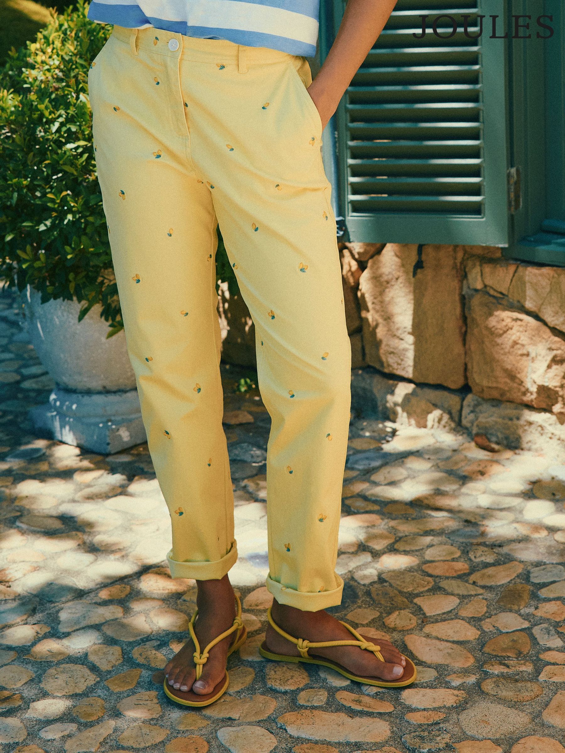 Slim Fit Yellow Lemon Embroidered Chino Trousers (E86517) | £65