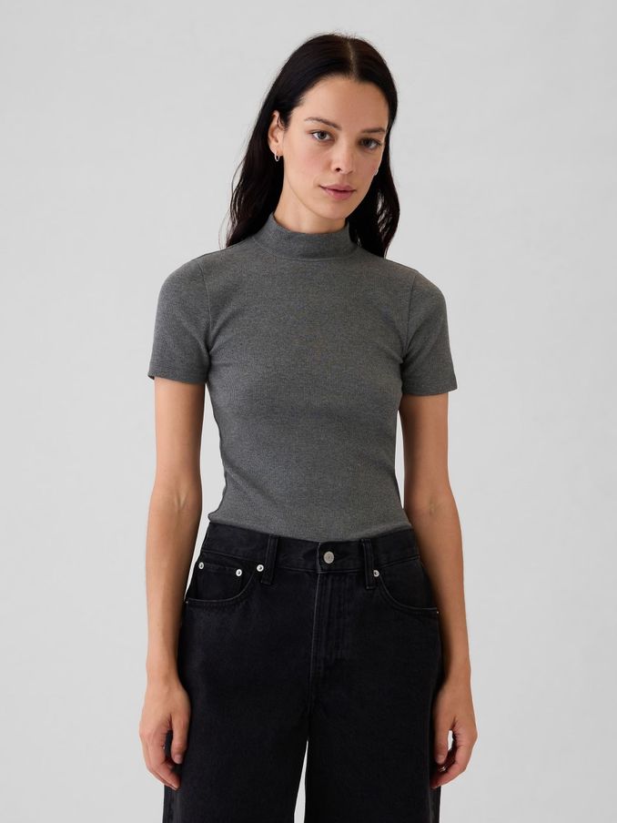 Grey Modern Cotton-Modal Ribbed Mock Neck Short Sleeve T-Shirt (E86563) | £12