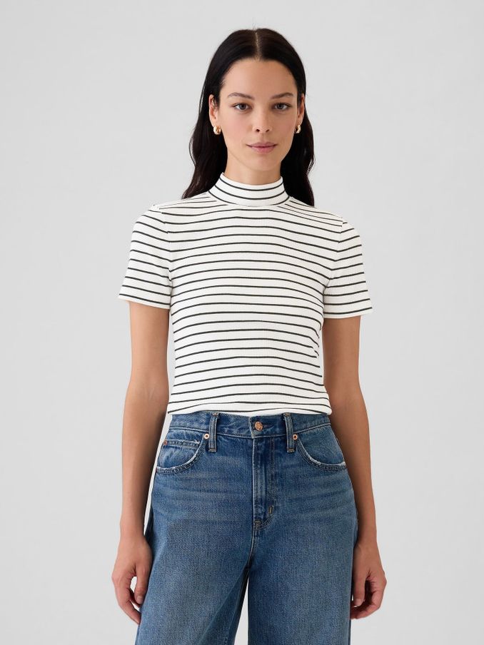 White Stripe Modern Cotton-Modal Ribbed Mock Neck Short Sleeve T-Shirt (E86565) | £8