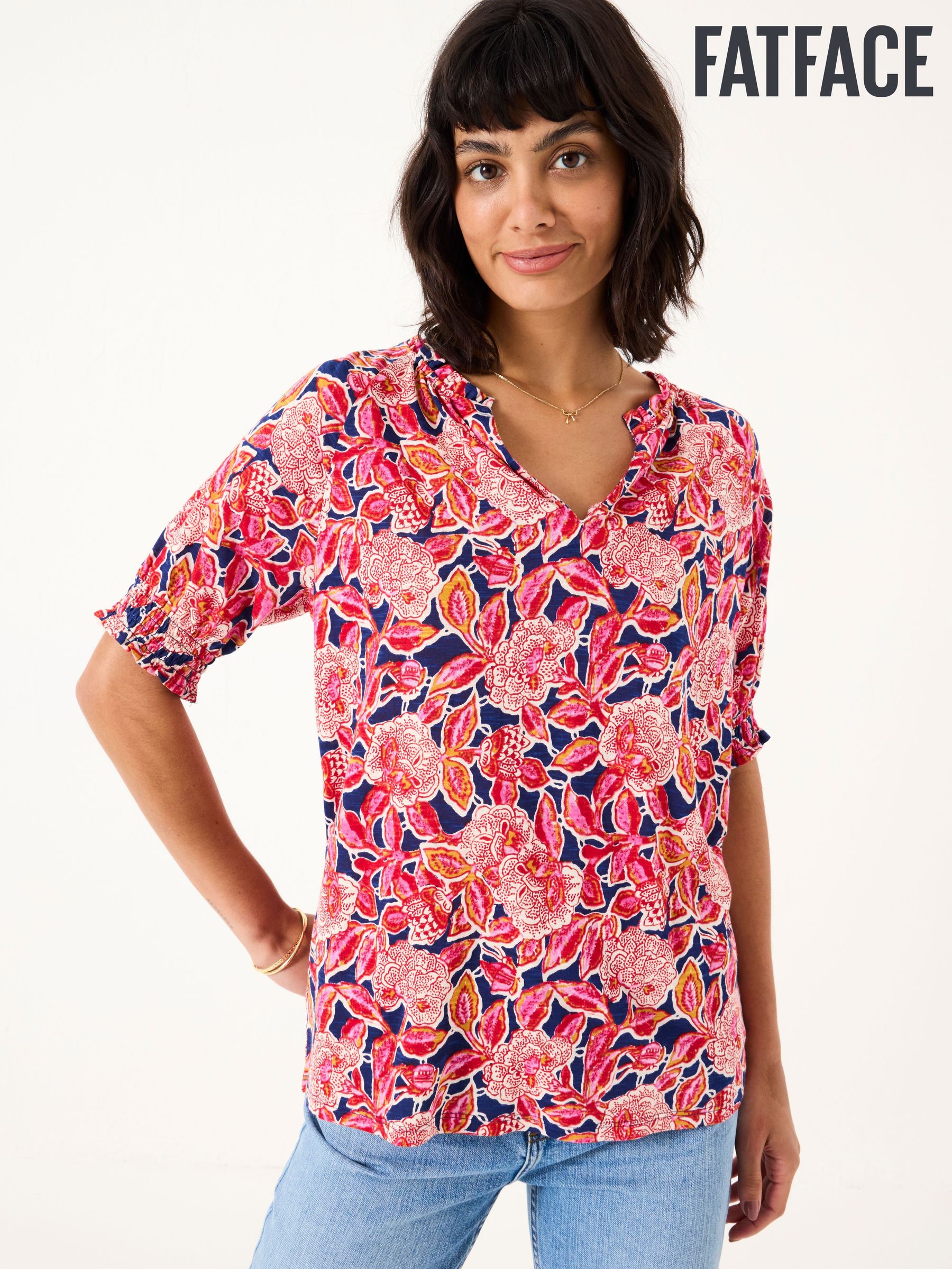 Florence Indigo Blue Batik Floral Short Sleeve Top (E86596) | £22