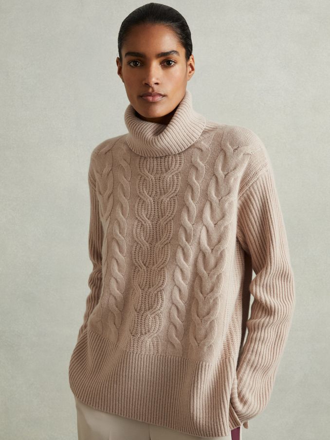 Wool-Cashmere Cable Knit Roll Neck Jumper in Mink (E86653) | £55