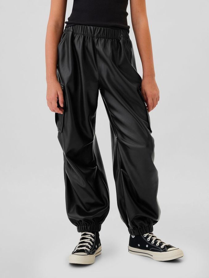 Black Leather Faux Leather Cargo Parachute Trousers (E86724) | £17