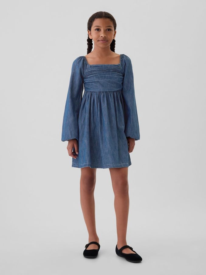 Blue Puff Sleeve Square Neck Denim Dress (4-13yrs) (E86727) | £18
