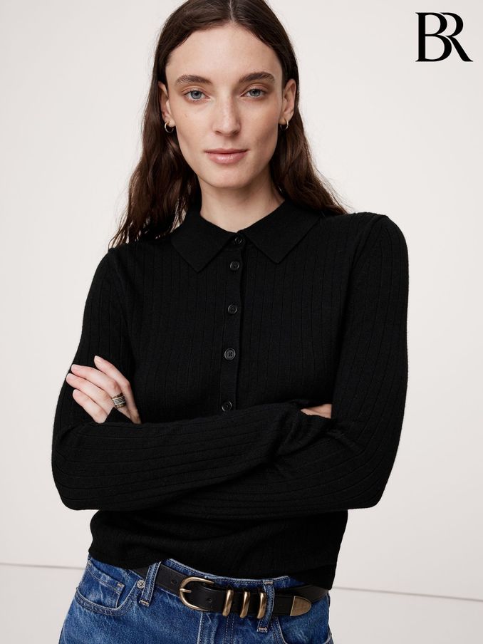 Banana Republic Black Merino Wool Ribbed Polo Jumper (E87546) | £75