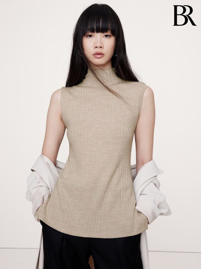 Banana Republic Beige Merino Wool Ribbed Mock Neck Vest Top (E87566) | £60