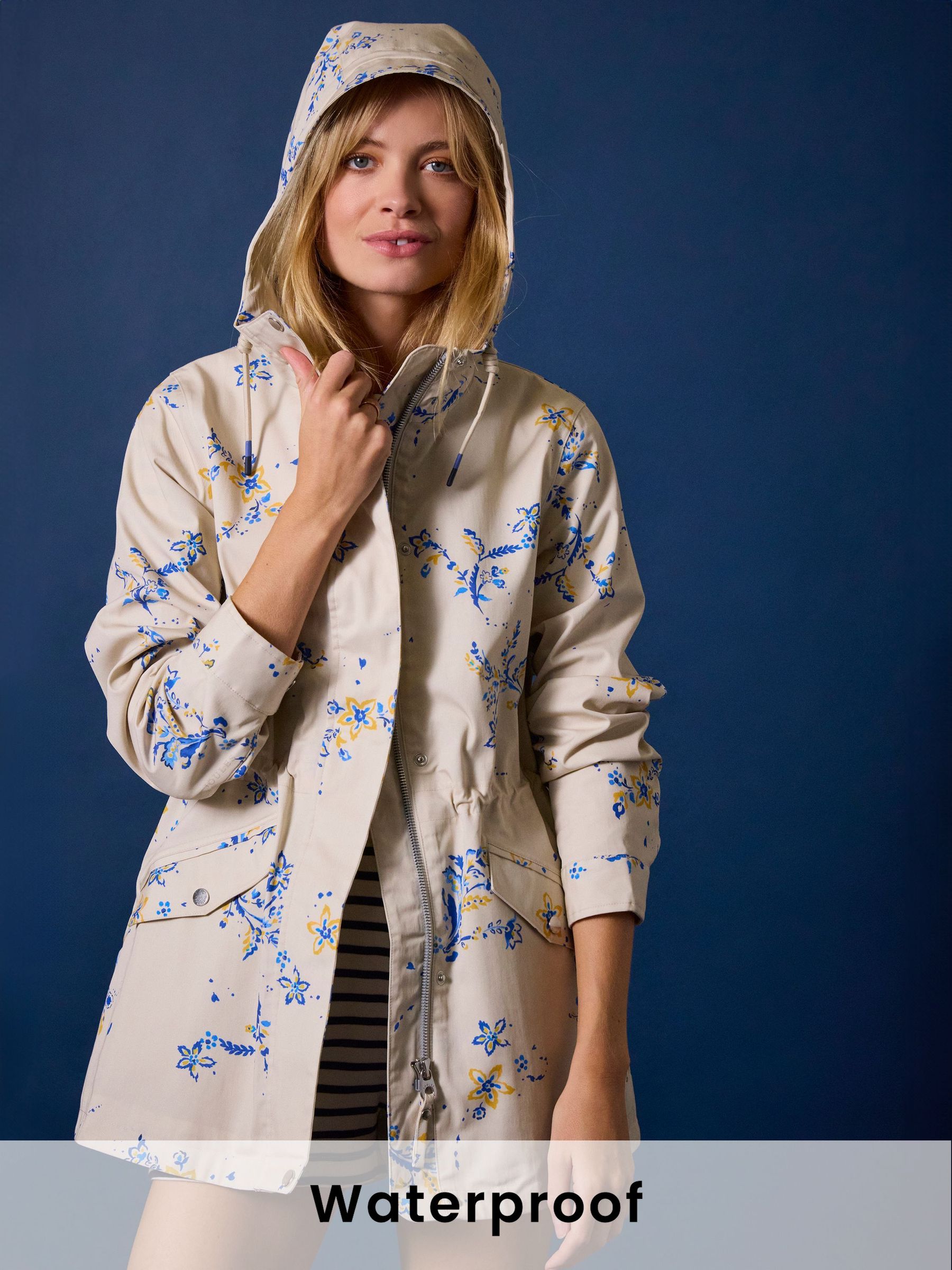 Portwell Beige & Blue Floral Waterproof Raincoat With Hood (E88076) | £99
