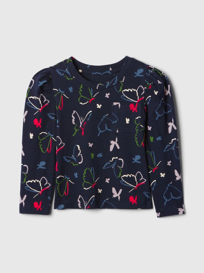 Navy Blue Butterfly Print Cotton Pocket Long Sleeve T-Shirt (6mths-5yrs) (E88726) | £5