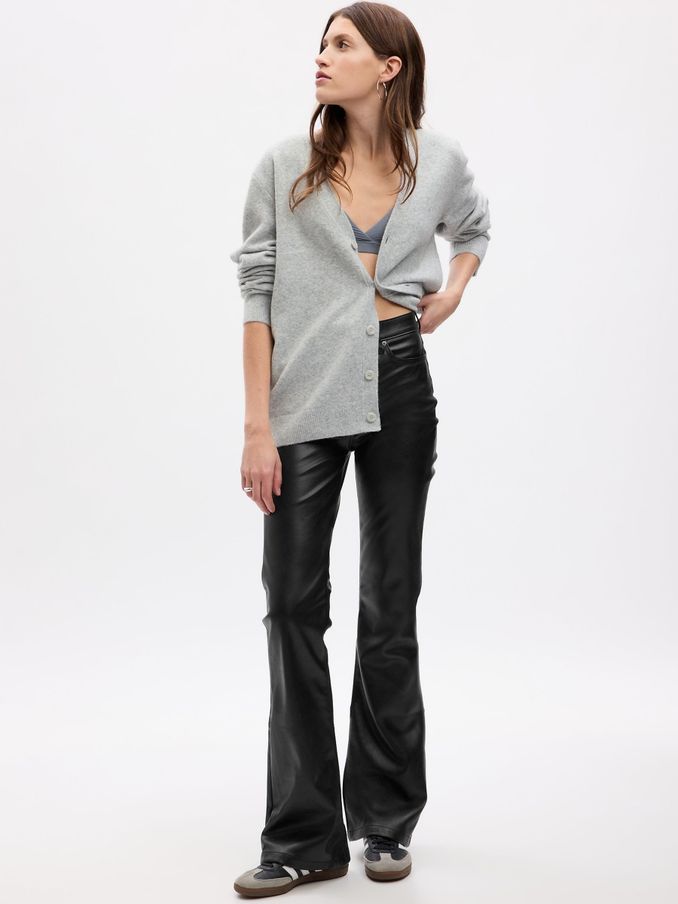 Black High Waisted Faux Leather 70s Flare Jeans (E88771) | £25