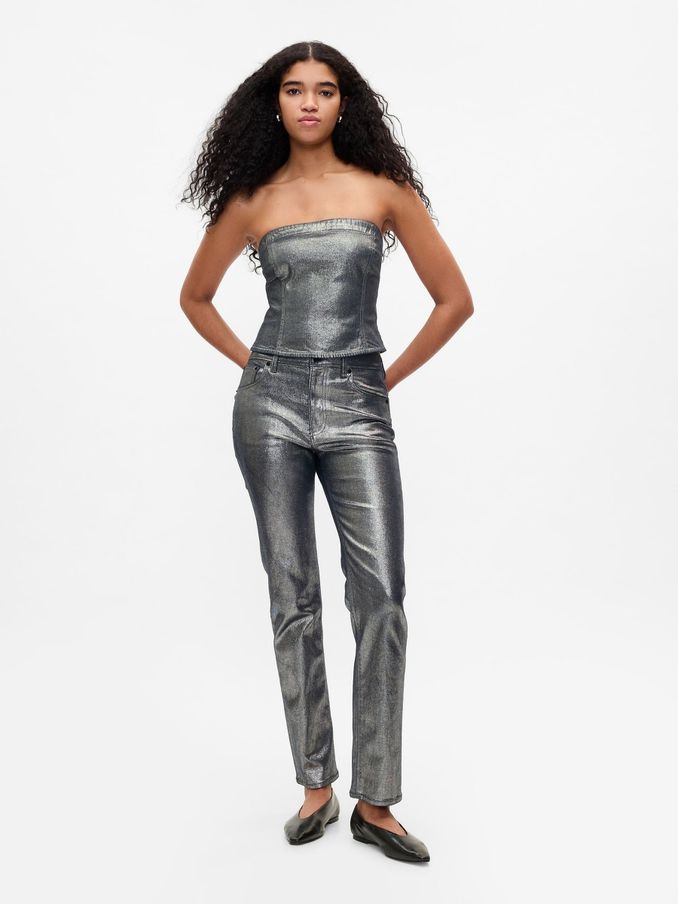 Silver High Waisted Metallic 90s Straight Jeans (E88772) | £20