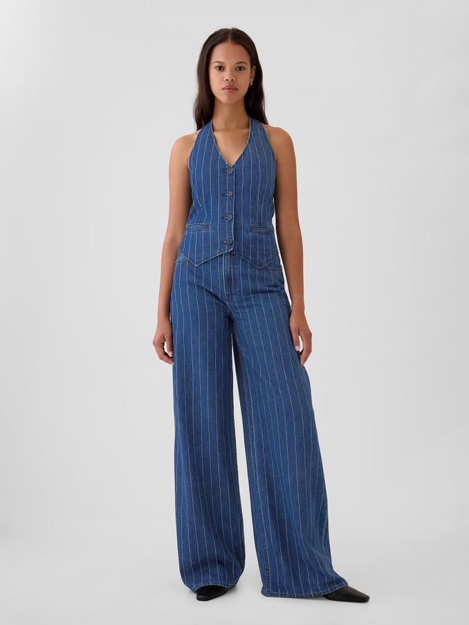 Blue Mid Rise Pinstripe Baggy Jeans (E88774) | £30