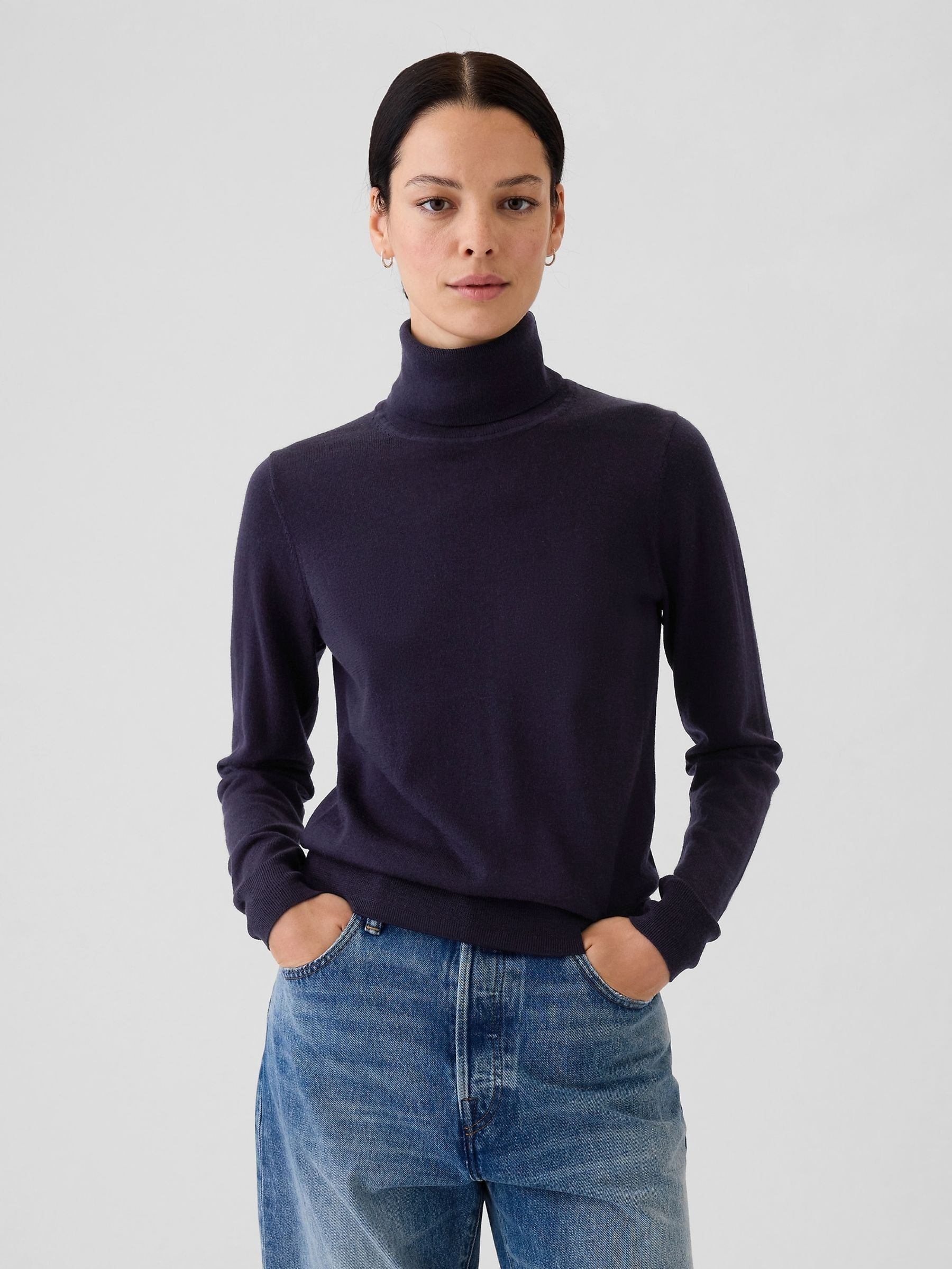 Navy Blue Merino Wool Turtle Neck Jumper (E88802) | £45