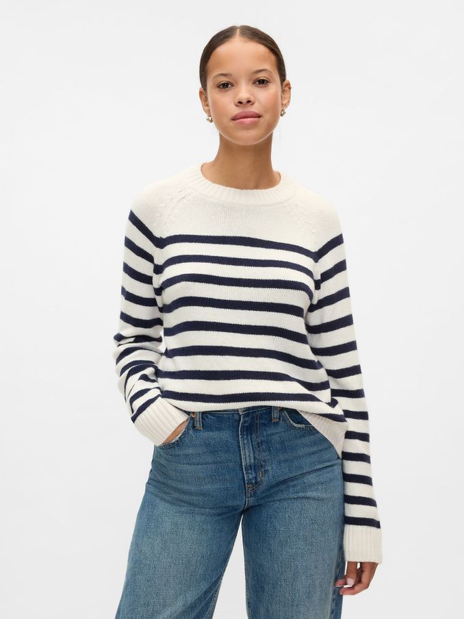 White/Black Stripe CashSoft Crew Neck Jumper (E88806) | £21