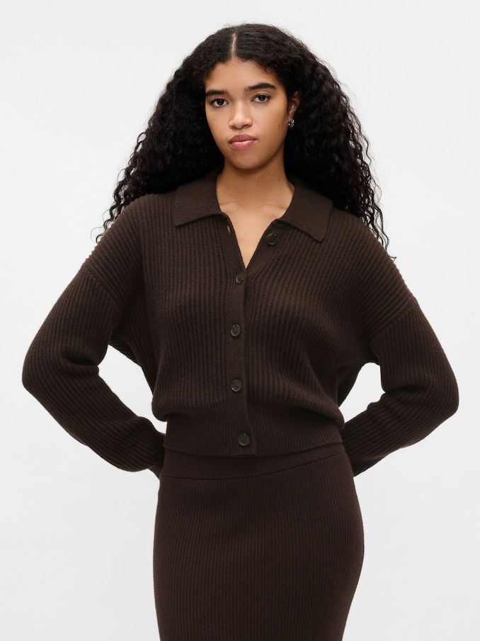 Brown CashSoft Long Sleeve Ribbed Collar Cardigan (E88836) | £30