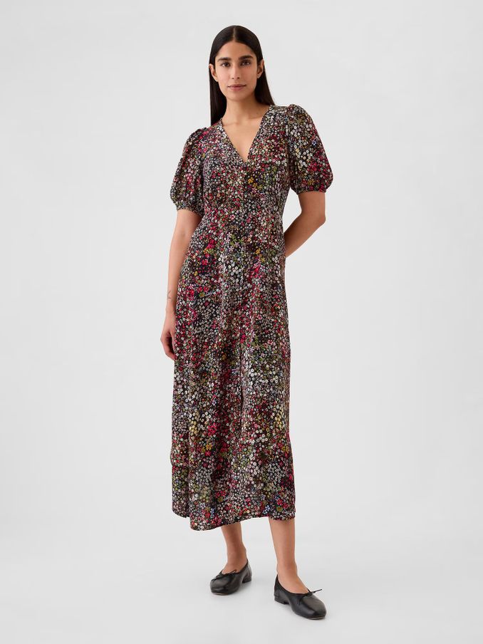 Black Floral Puff Sleeve Midi Dress (E88838) | £35