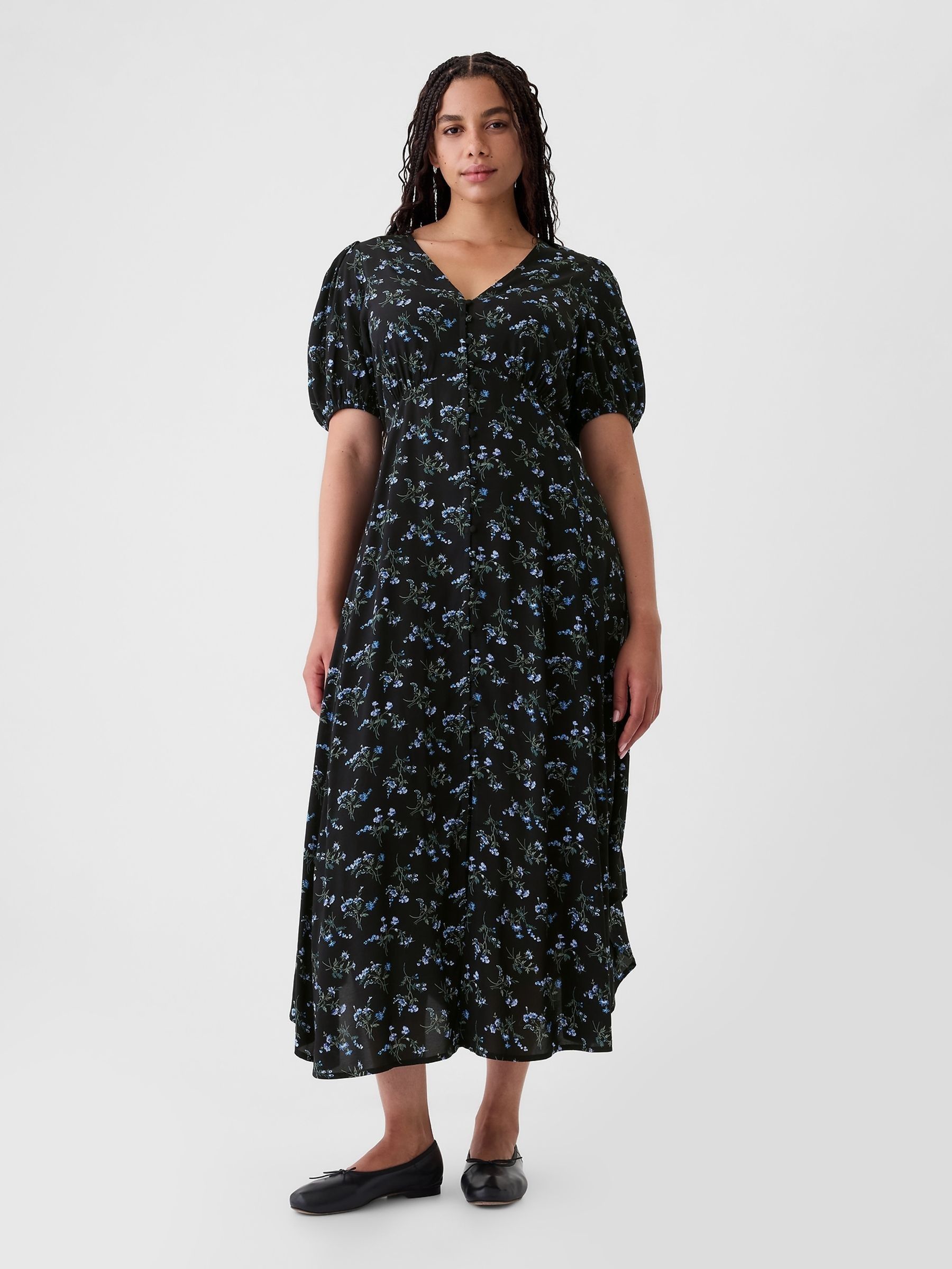Blue Floral Puff Sleeve Midi Dress (E88839) | £29