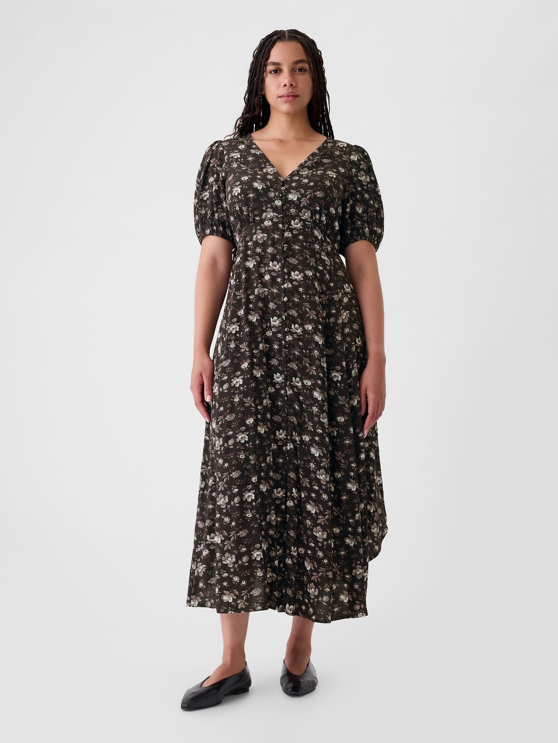 Black/White Floral Puff Sleeve Midi Dress (E88840) | £35