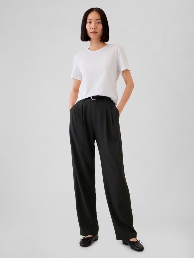 Black Everyday High Waisted Brushed Twill Pleated Taper Trousers (E88850) | £25