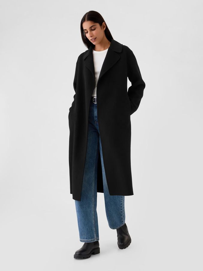 Black Belted Double Faced Wool-Blend Trench Coat (E88858) | £84