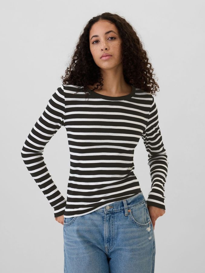 Black Stripe Favourite Cotton-Modal Crew Neck Long Sleeve T-Shirt (E88868) | £10