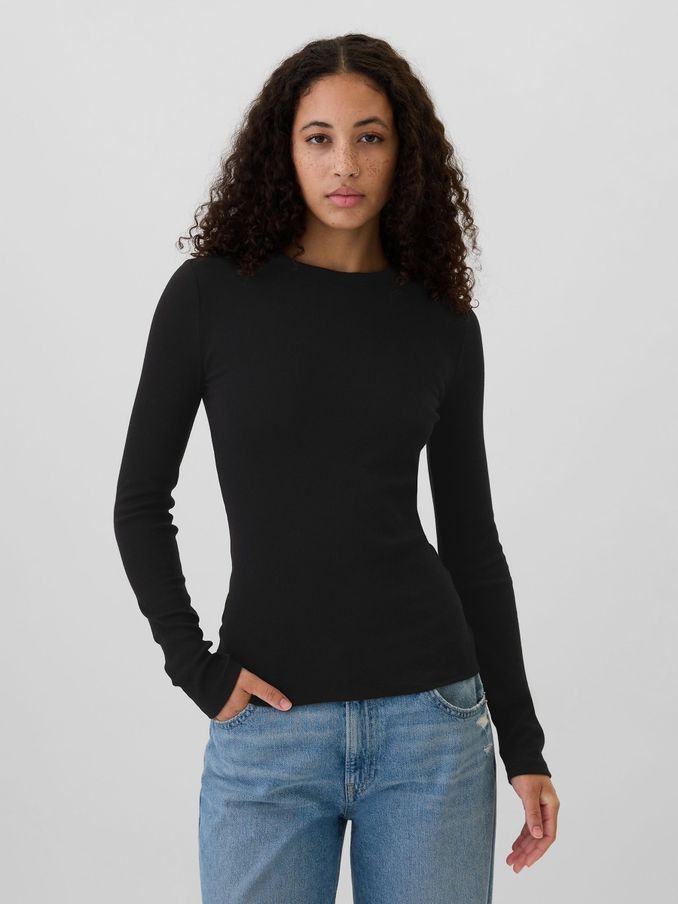 Black Ribbed Long Sleeve Crew Neck T-Shirt (E88872) | £9