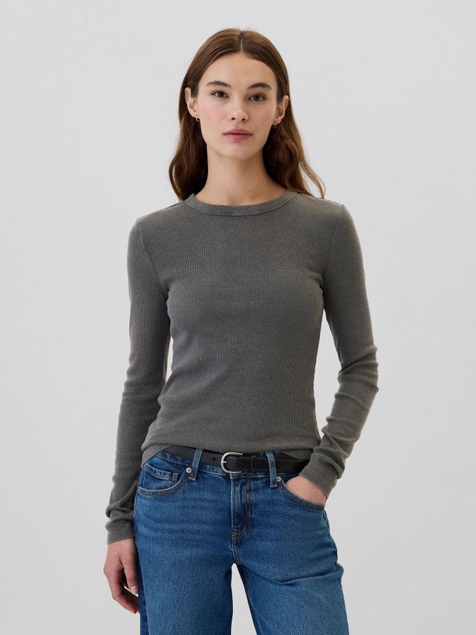 Grey Ribbed Long Sleeve Crew Neck T-Shirt (E88883) | £10